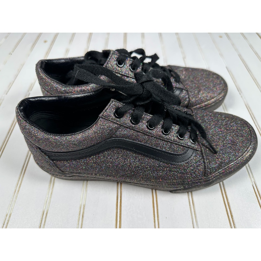 Vans Old Skool Glitter Shoes Womens 7 Black Rainbow Sparkle Lace Up Skate